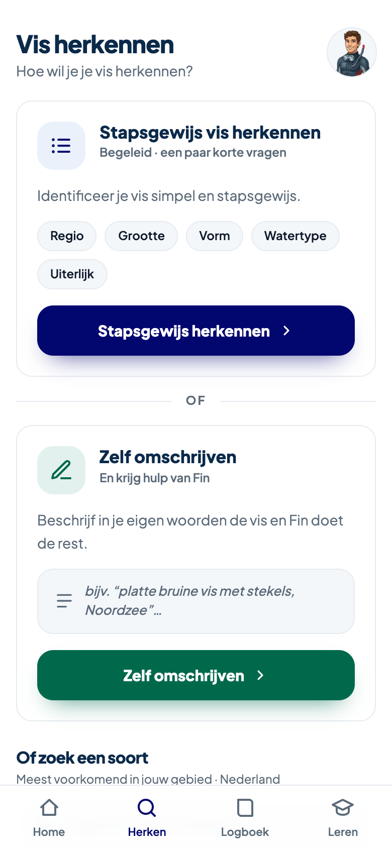 Fin’s Fish Guide-app — scherm om een vis te herkennen