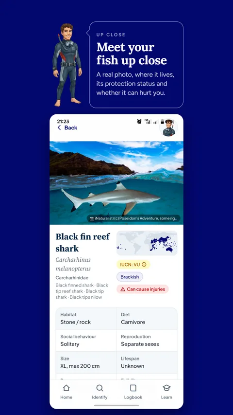 A species page with photo, map and status